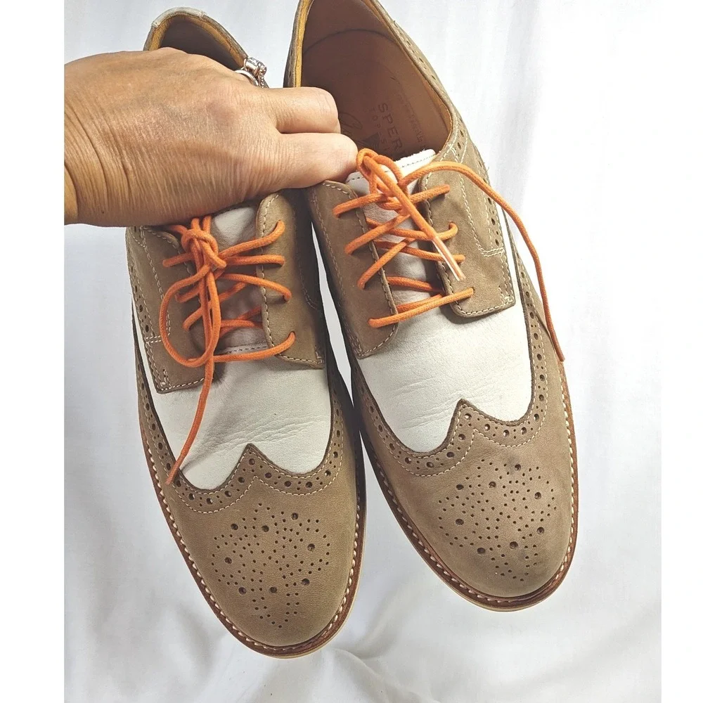 Sperry Top-Sider Gold Cup Wingtip Oxford Tan White Leather Suede Men's 10M